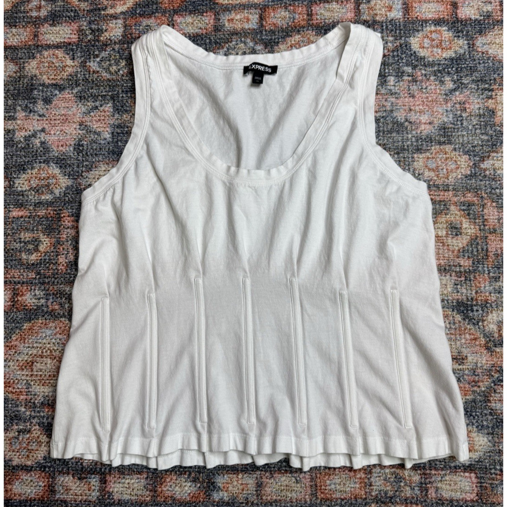 Womens XL White Tank Top Fitted Stretch Sleeveless Corset Style